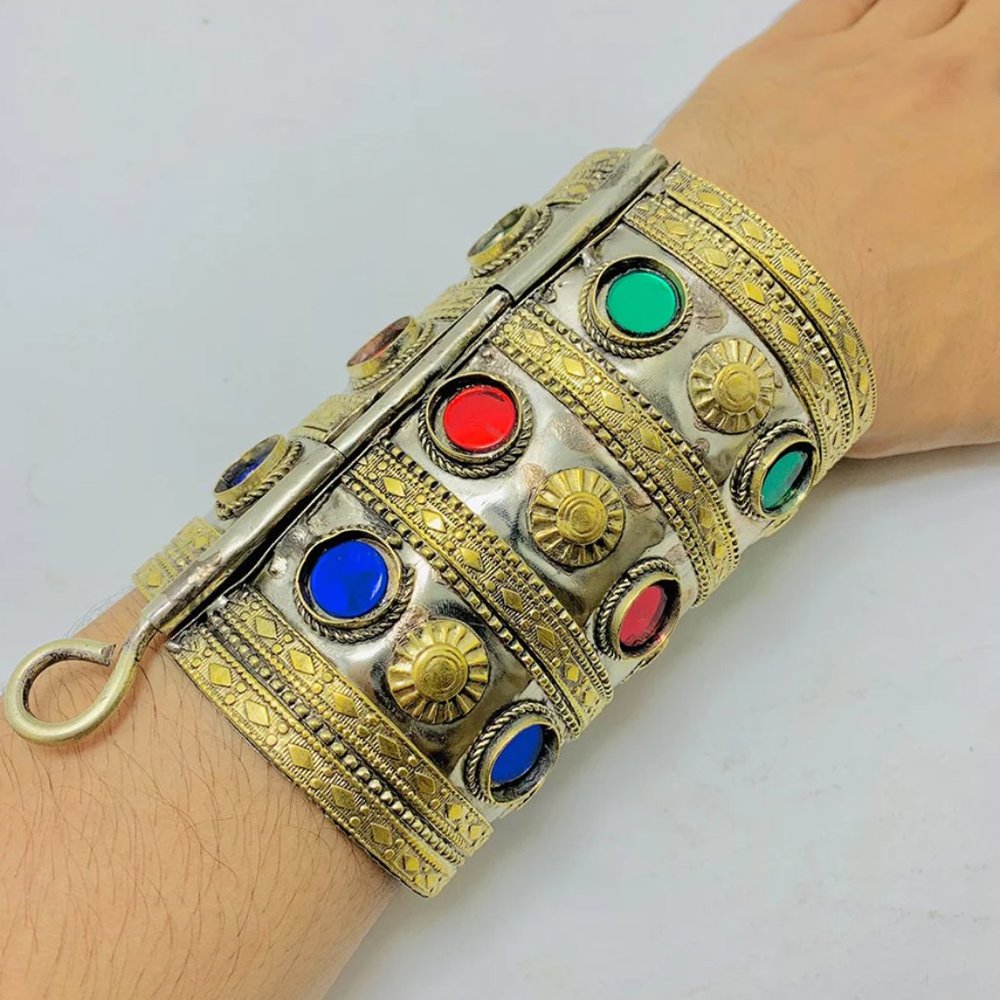 Single Vintage Afghan Cuff Bracelet: Bohemian Multicolor Glass Stone Tribal